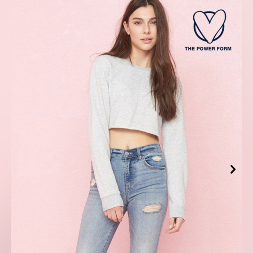 Garage Heather Grey Gray Long Sleeve Raw Hem Edge Sweatshirt Crop Top